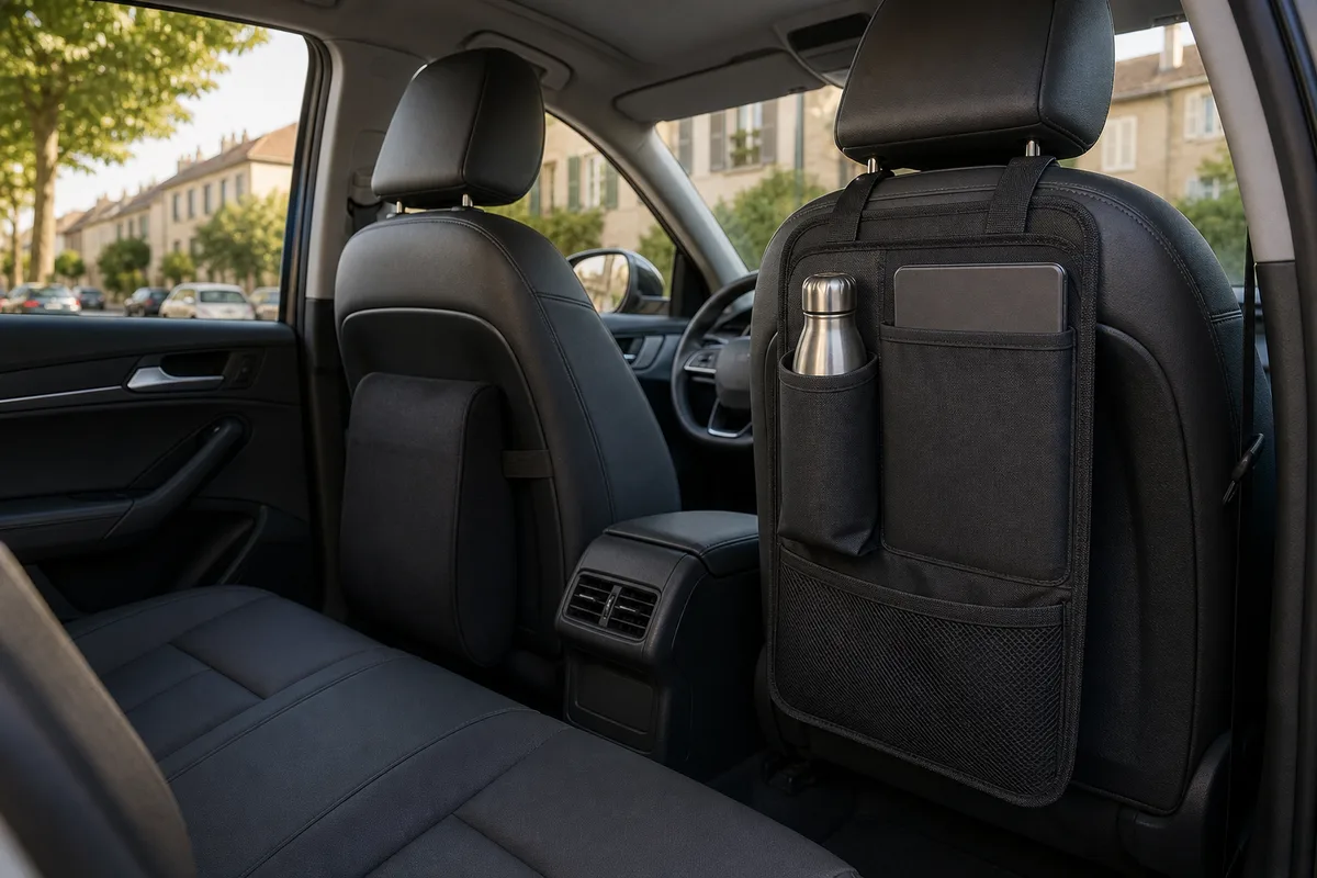 Habitacle de voiture équipé d&rsquo;un organiseur de siège et d&rsquo;un coussin ergonomique