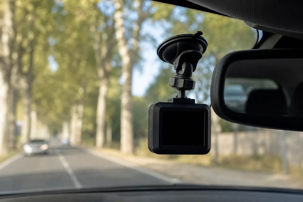 Dashcam fixée sur un pare-brise de voiture avec vue sur une route française