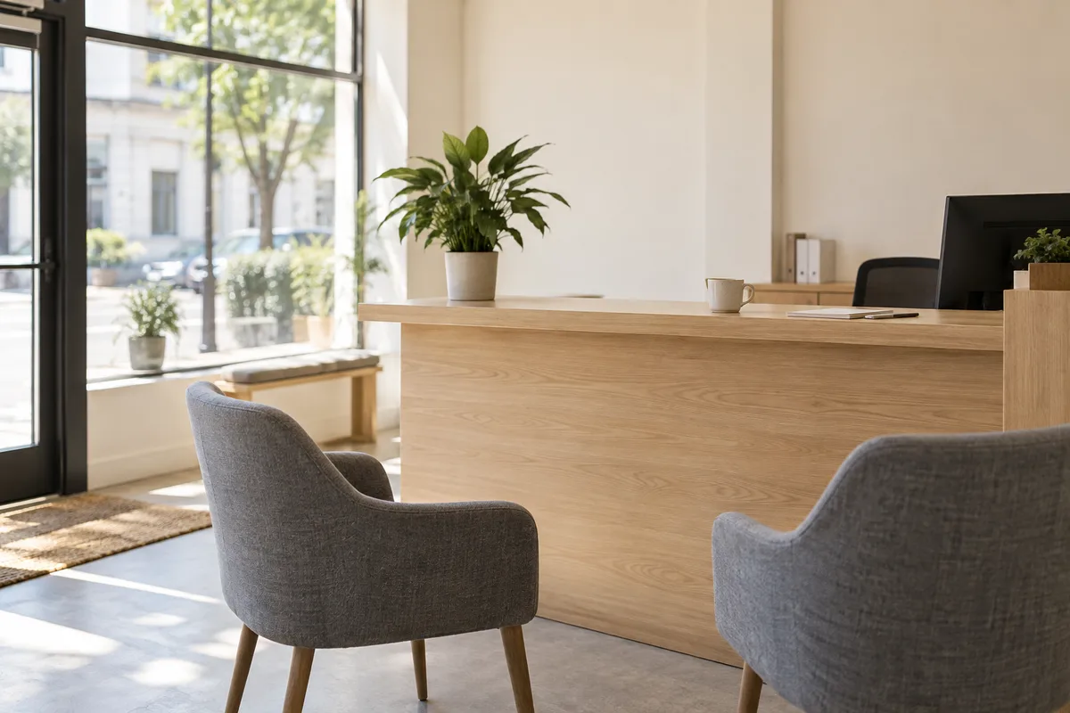Bureau d’accueil vide d’une agence d’assurance de quartier en fin de matinée