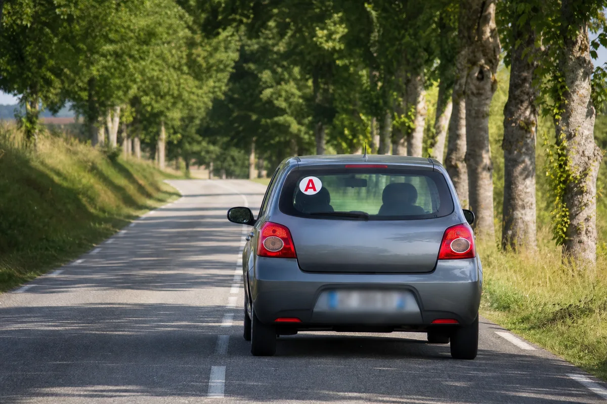 Conducteur novice au volant avec disque A sur la lunette arrière
