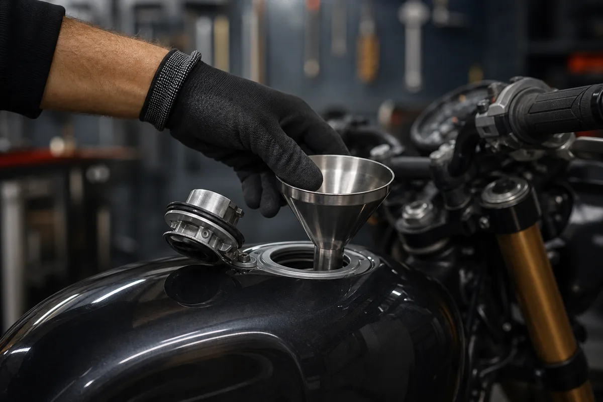 Réservoir de moto ouvert avec un entonnoir métallique, main gantée en gros plan dans un atelier