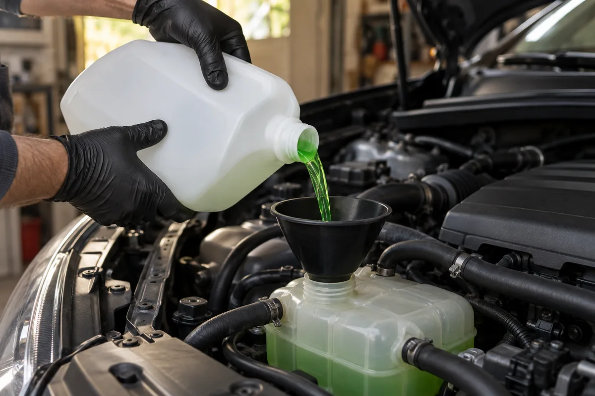 Liquide de refroidissement vert versé avec un entonnoir dans un réservoir translucide