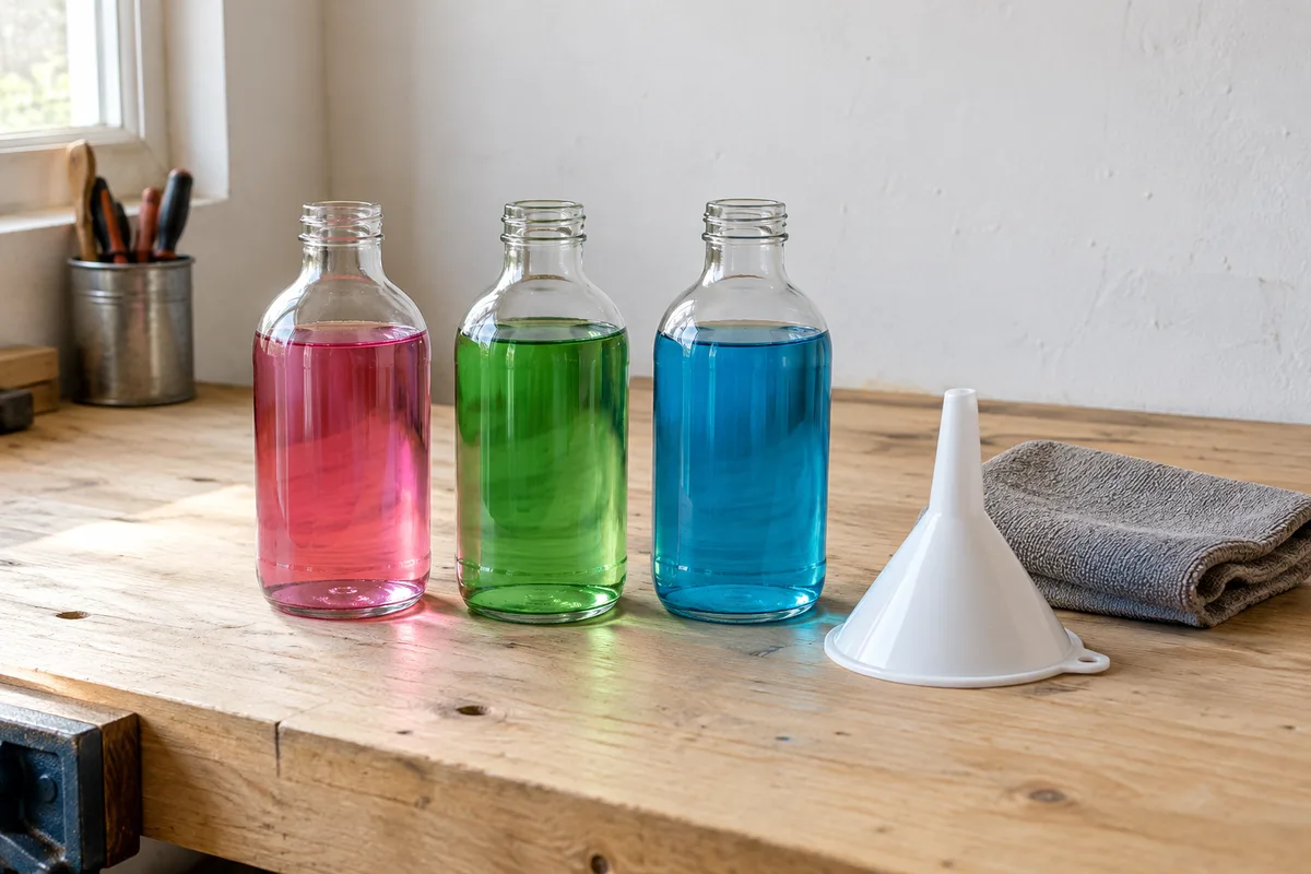 Trois flacons de liquides rose, vert et bleu alignés sur un établi en bois