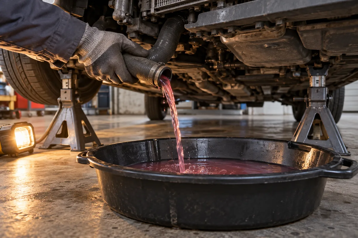 Liquide de refroidissement usagé s’écoulant dans un bac de vidange sous une voiture