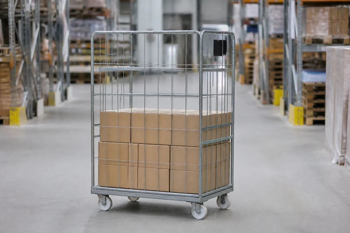 Roll conteneur grillagé chargé de cartons bruns dans une allée d&rsquo;entrepôt