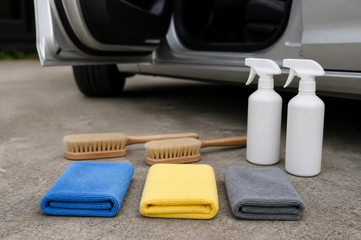 Chiffons microfibres, brosses et flacons de nettoyant posés près d&rsquo;une portière ouverte