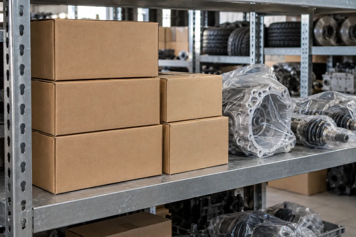 Cartons bruns et pièces mécaniques emballées sur une étagère d&rsquo;atelier
