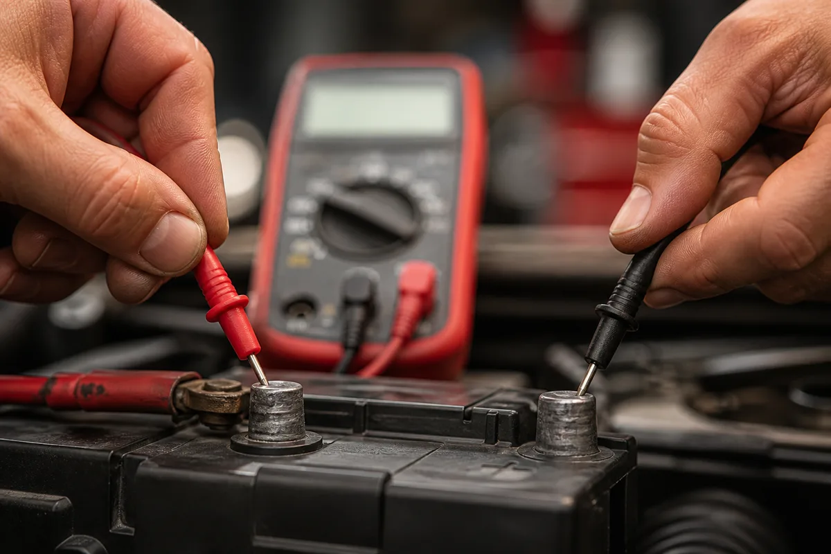 Mains tenant un multimètre numérique appliqué sur les bornes d une batterie automobile