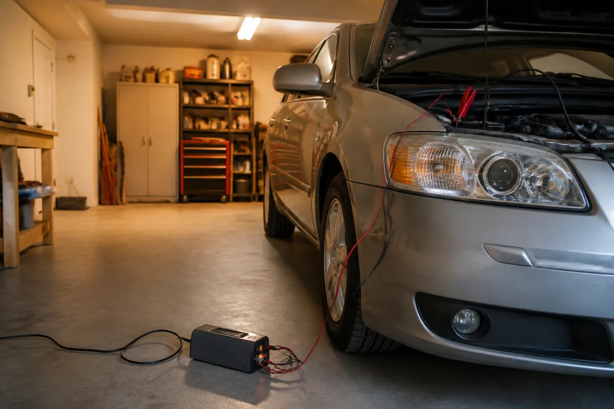Chargeur de maintien de batterie relié à une voiture stationnée dans un garage éclairé