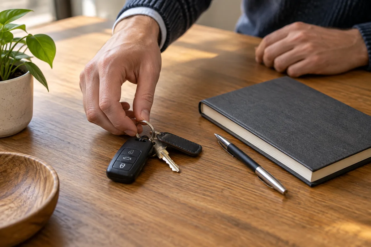 Trousseau de clés de voiture posé sur un bureau en bois à côté d’un carnet fermé