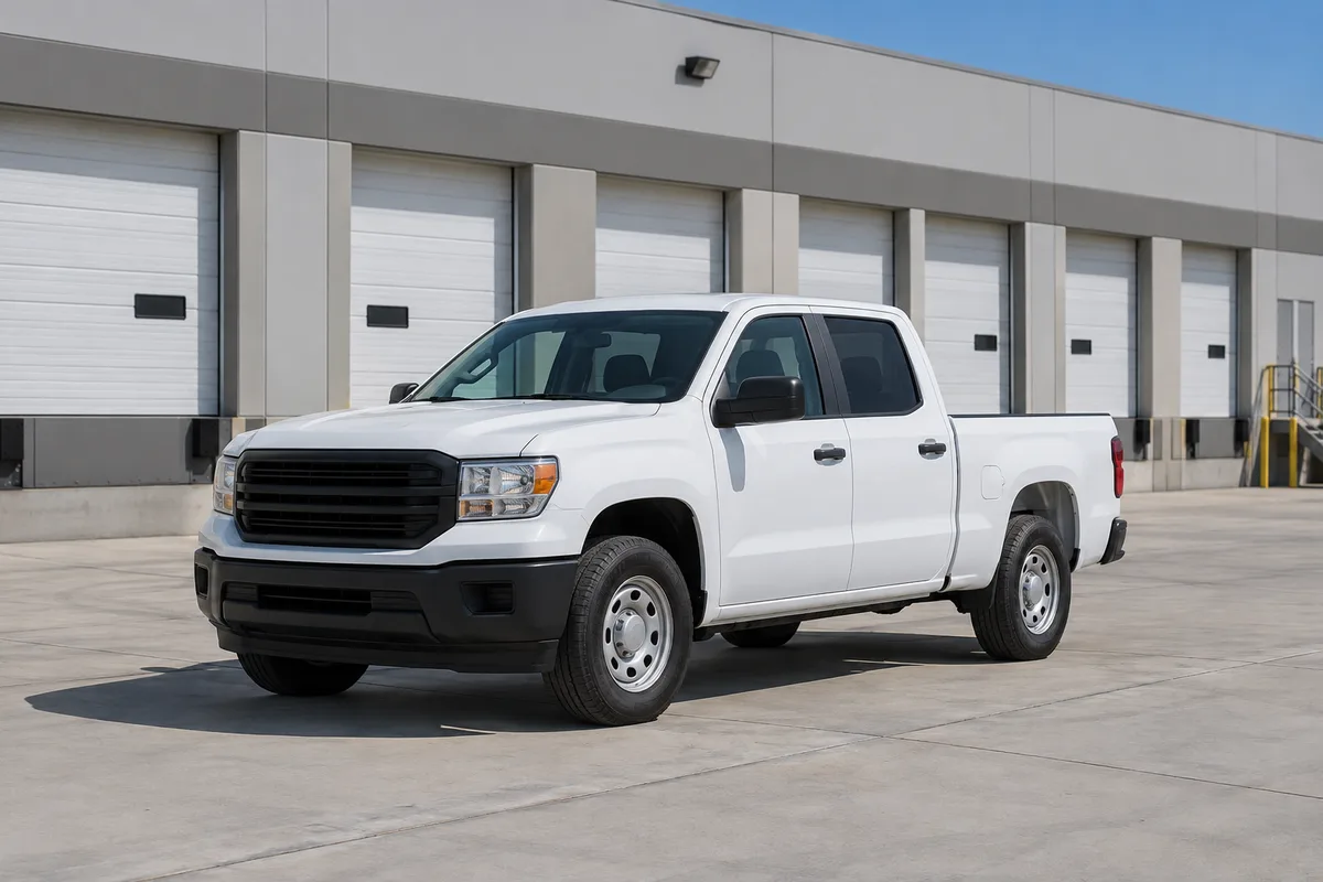 Pick-up blanc uni garé devant un entrepôt aux portes fermées