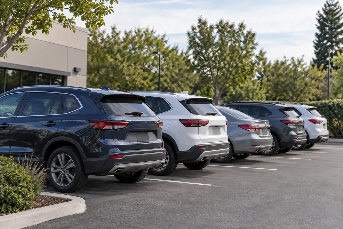 Rangée de voitures unies aux couleurs sobres sur le parking d’une petite entreprise